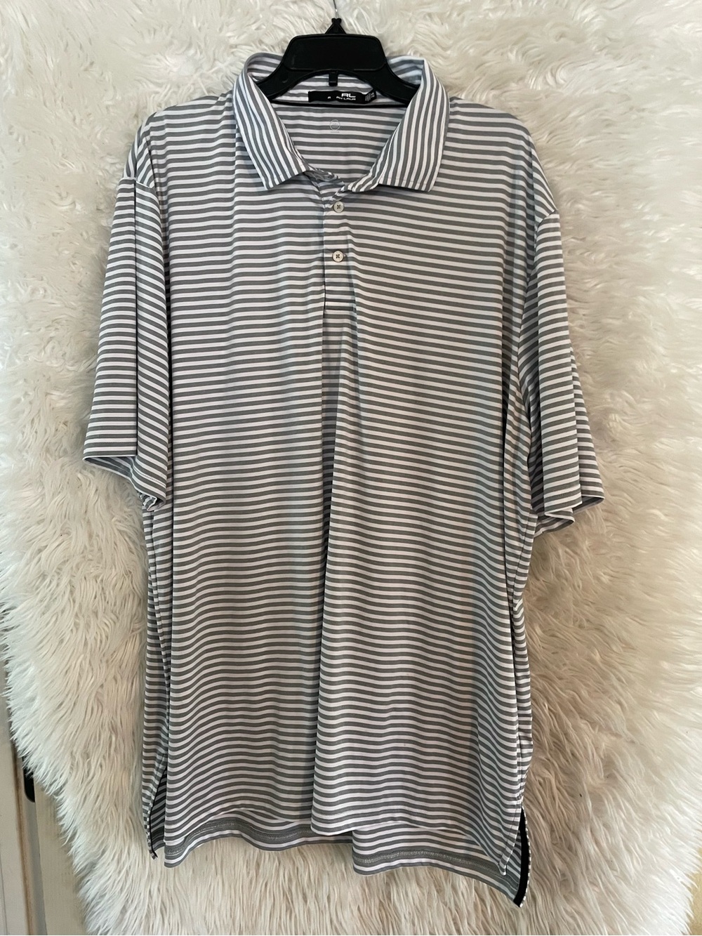 RLX Ralph Lauren Men’s Short Sleeve Grey/White Striped Wicking Golf Polo. XXL